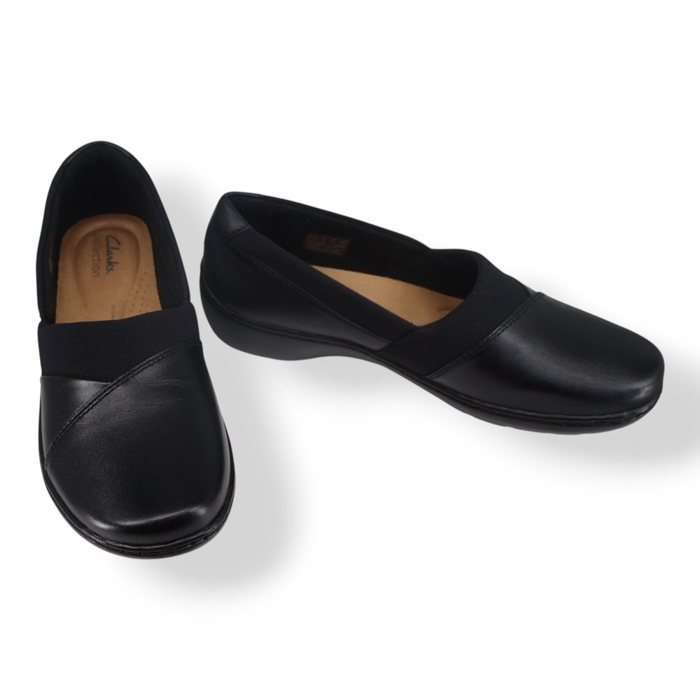 Clarks Collection Cora Charm Black Leather Slip-On Comfort Wide Width Size 7.5W